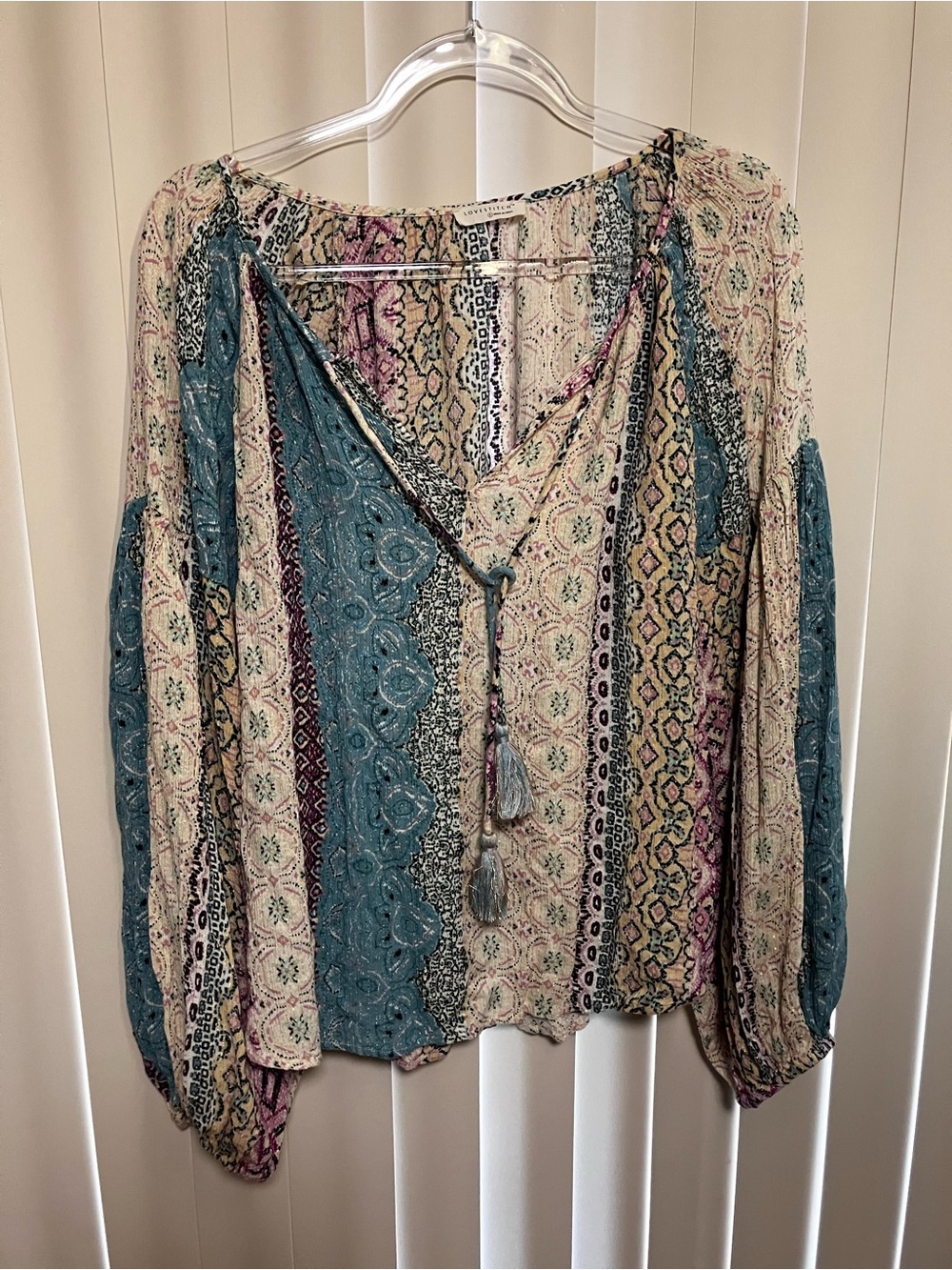 lovestitch Mixed-Print Boho Tassel Tunic in Teal, Cream & Pink